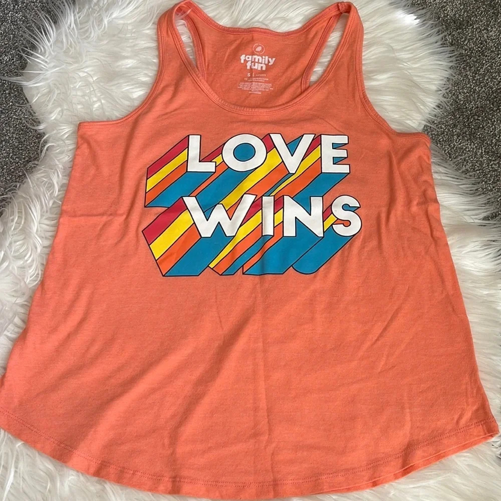 Women’s Love Wins Family Fun Orange racerback Size Small